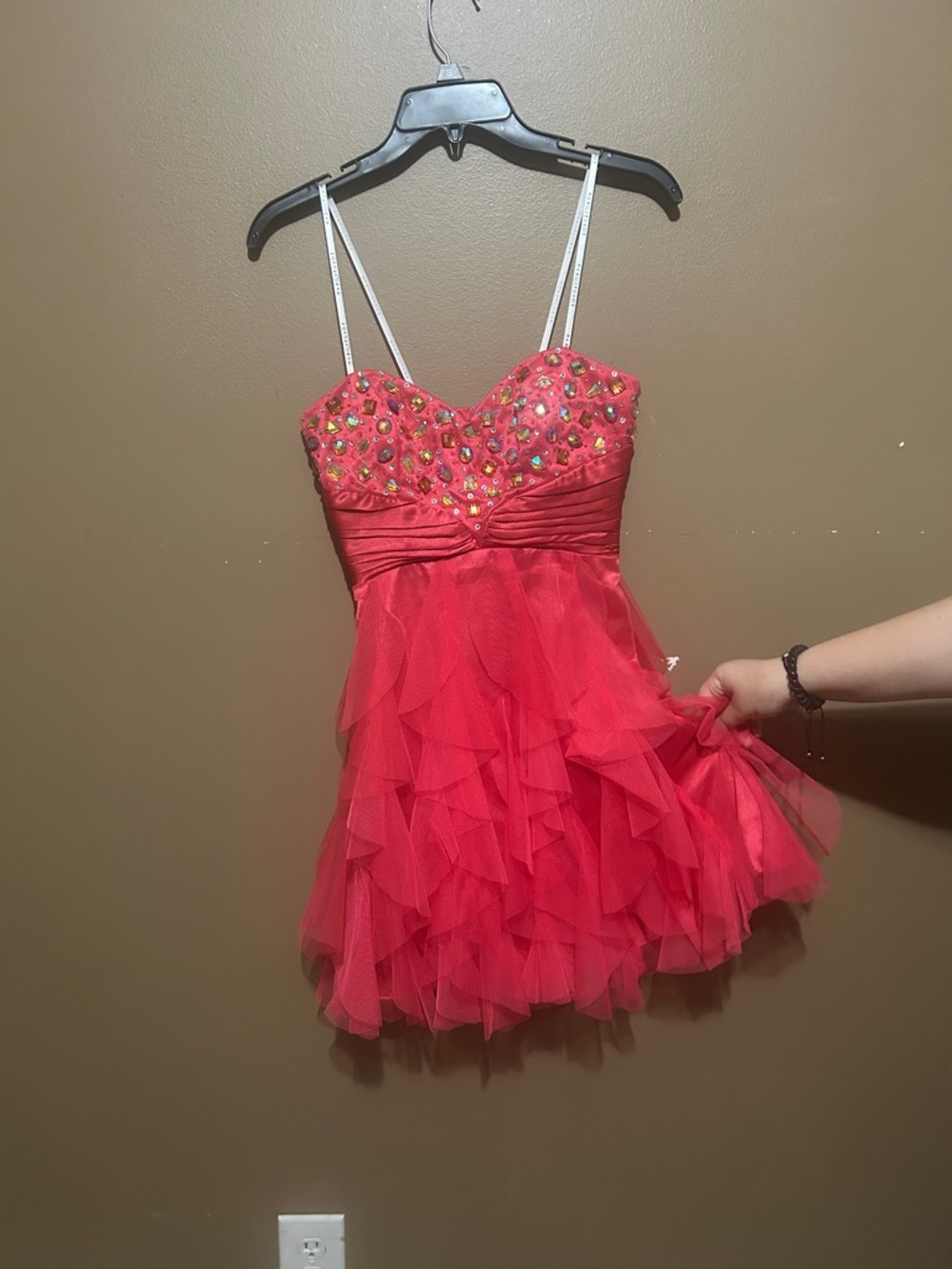Red Beaded Ruffle Mini Dress with Spaghetti Straps